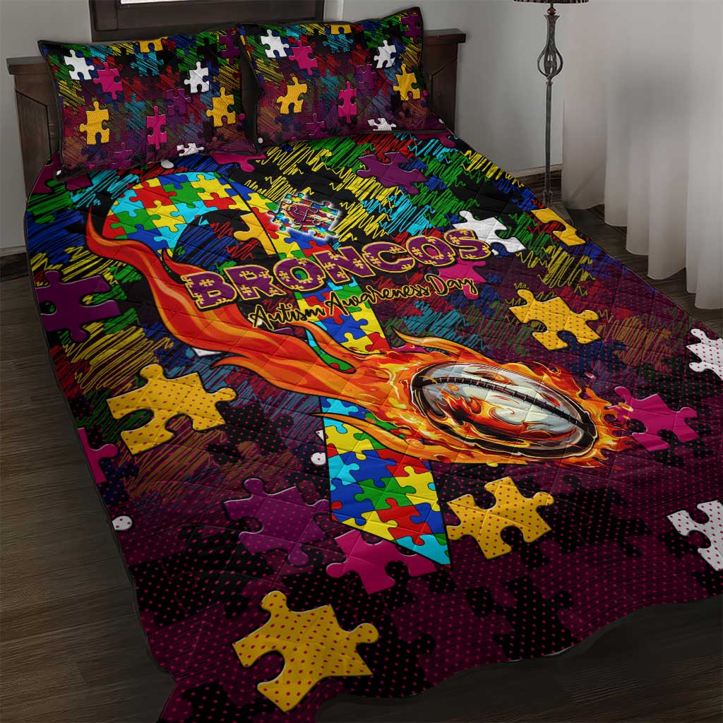 Broncos Autism Awareness Quilt Bed Set Puzzle Flames Rugby Ball