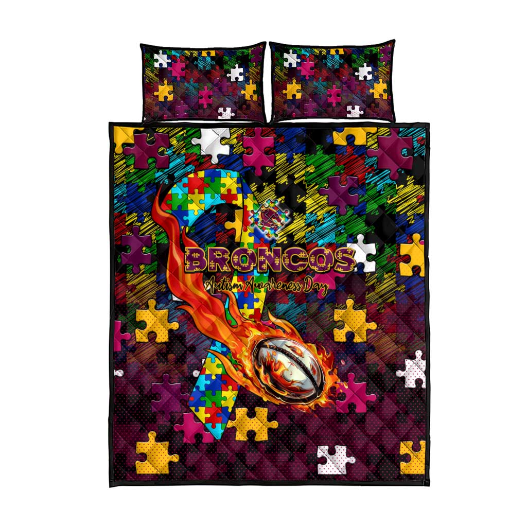 Broncos Autism Awareness Quilt Bed Set Puzzle Flames Rugby Ball