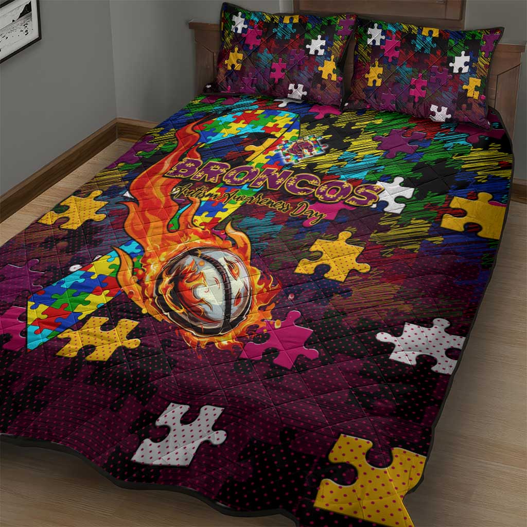 Broncos Autism Awareness Quilt Bed Set Puzzle Flames Rugby Ball