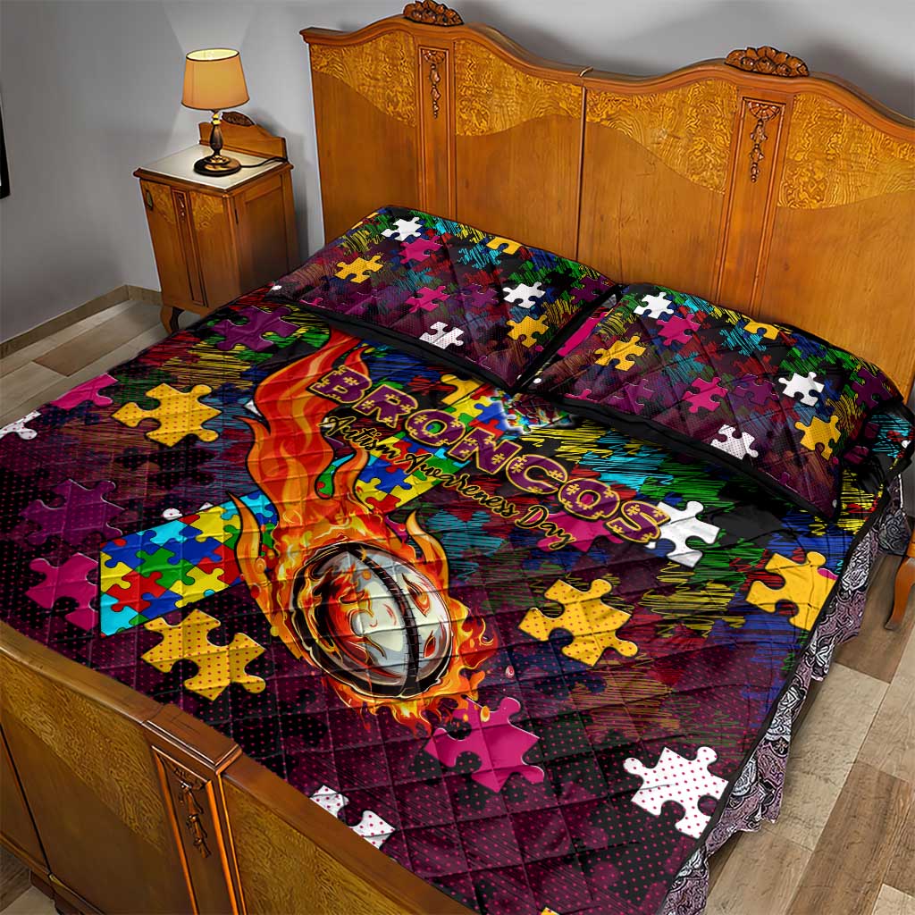 Broncos Autism Awareness Quilt Bed Set Puzzle Flames Rugby Ball