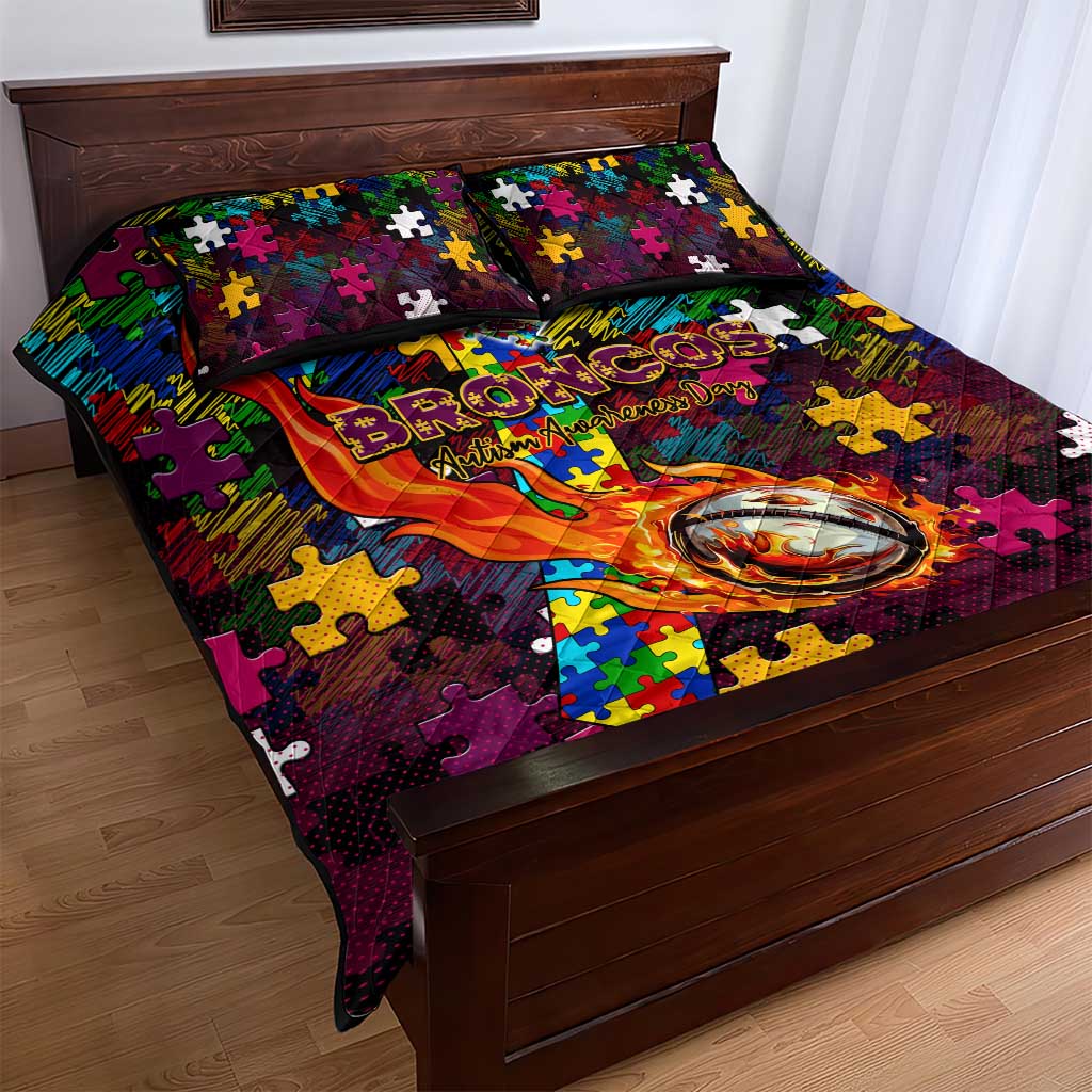 Broncos Autism Awareness Quilt Bed Set Puzzle Flames Rugby Ball