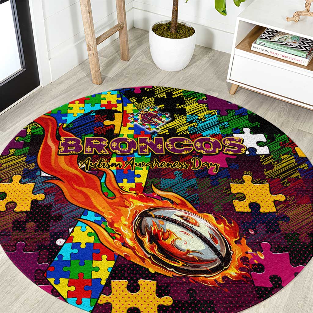 Broncos Autism Awareness Round Carpet Puzzle Flames Rugby Ball