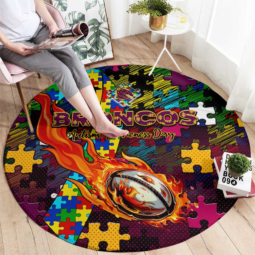 Broncos Autism Awareness Round Carpet Puzzle Flames Rugby Ball