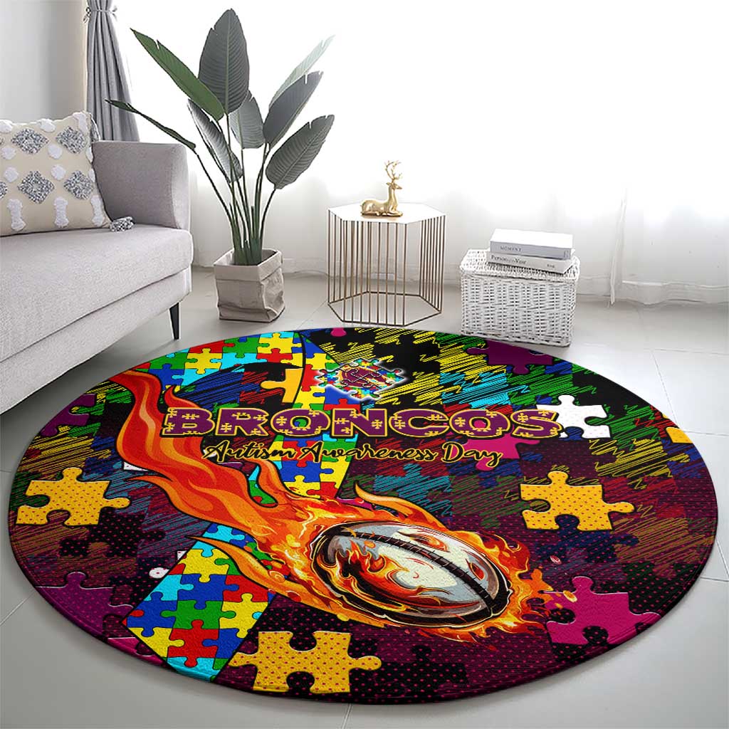 Broncos Autism Awareness Round Carpet Puzzle Flames Rugby Ball