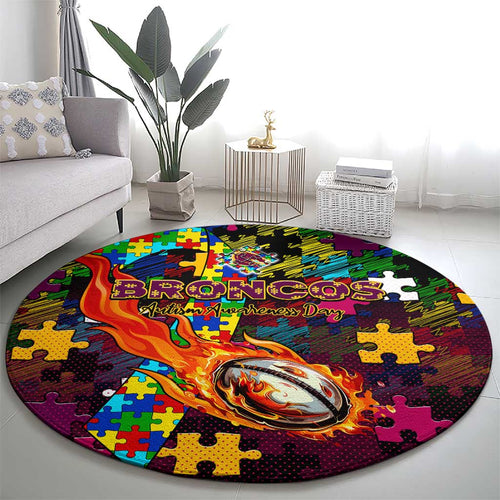 Broncos Autism Awareness Round Carpet Puzzle Flames Rugby Ball