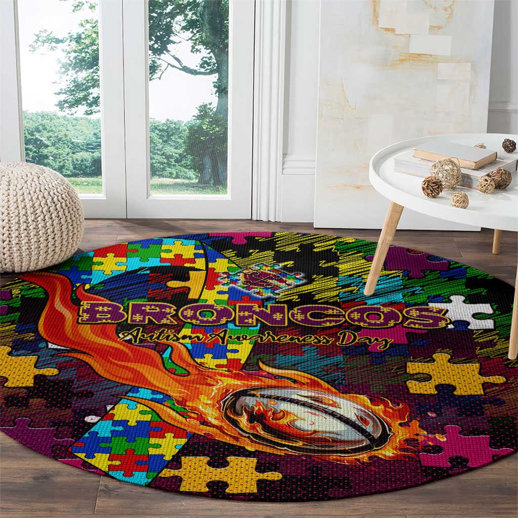 Broncos Autism Awareness Round Carpet Puzzle Flames Rugby Ball