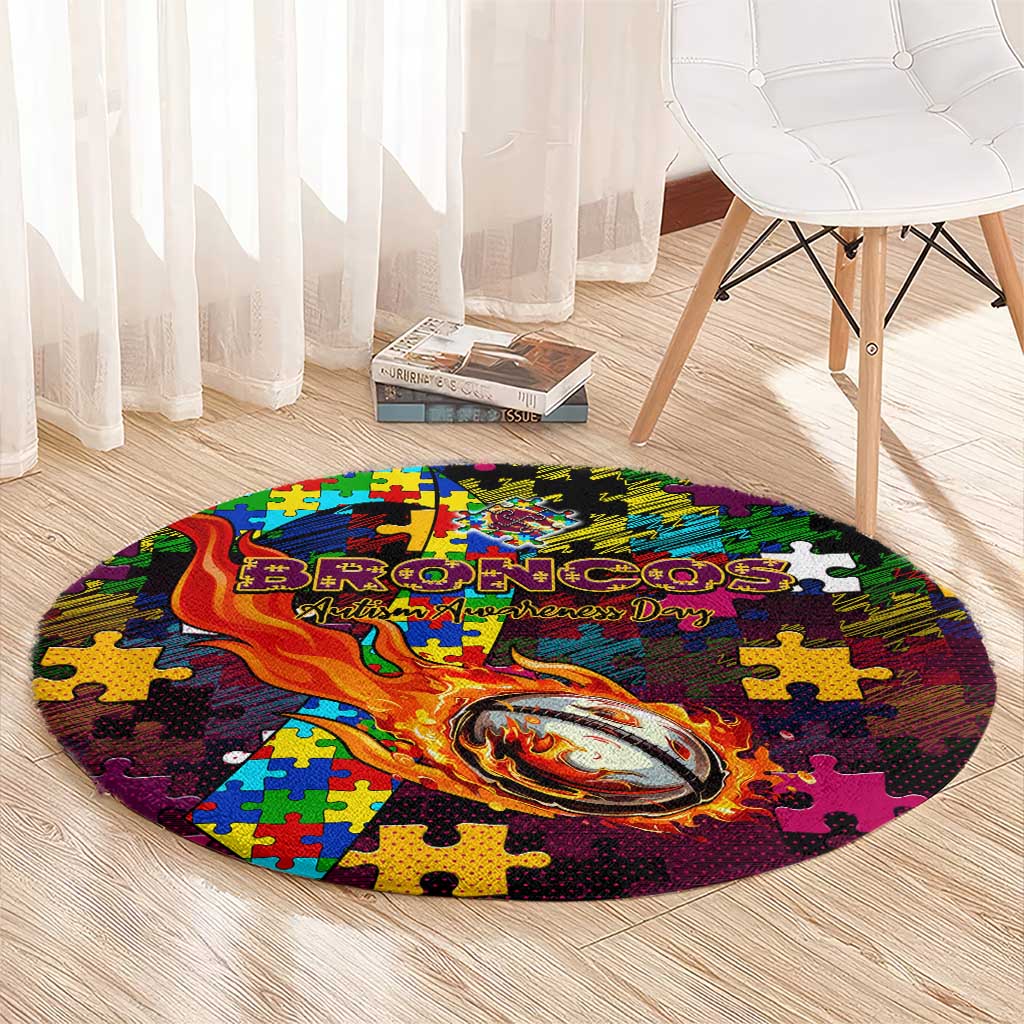 Broncos Autism Awareness Round Carpet Puzzle Flames Rugby Ball