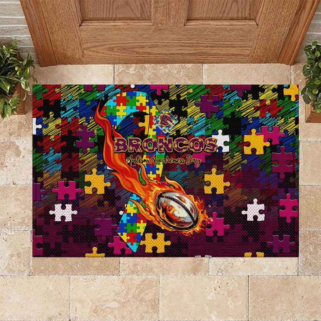 Broncos Autism Awareness Rubber Doormat Puzzle Flames Rugby Ball