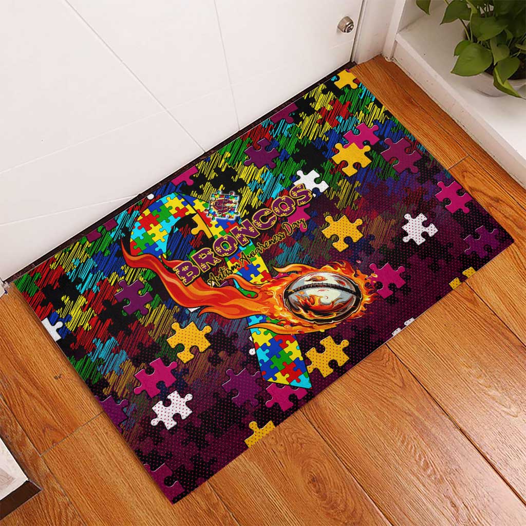 Broncos Autism Awareness Rubber Doormat Puzzle Flames Rugby Ball