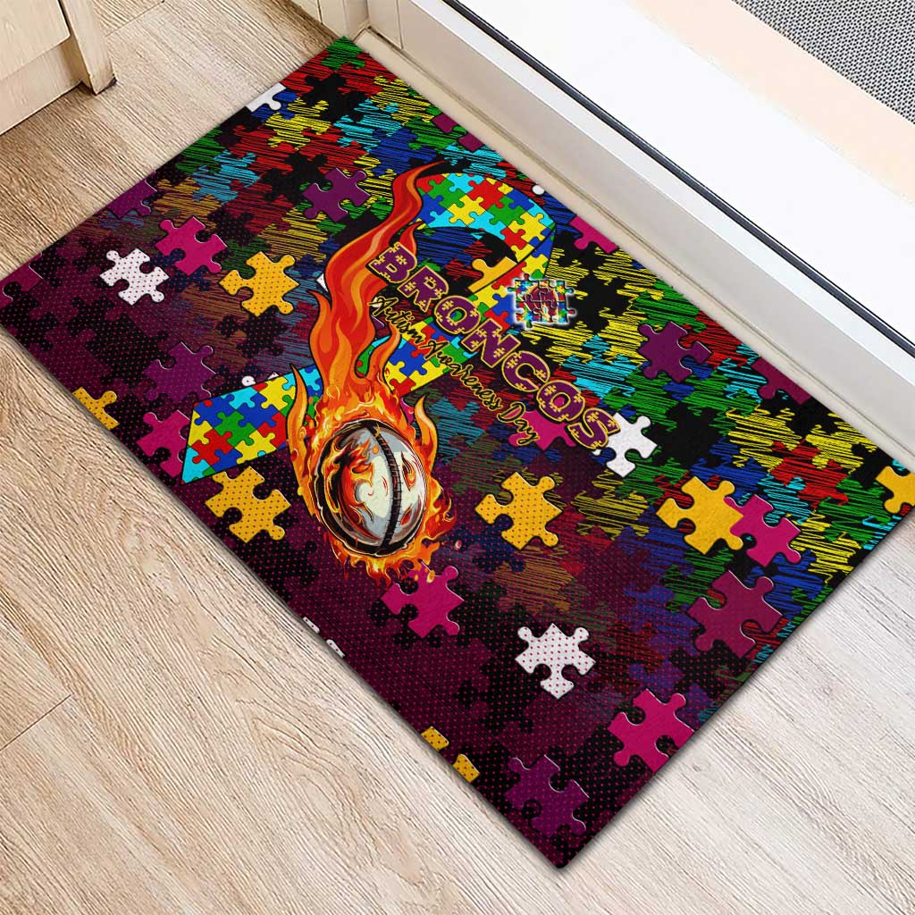 Broncos Autism Awareness Rubber Doormat Puzzle Flames Rugby Ball