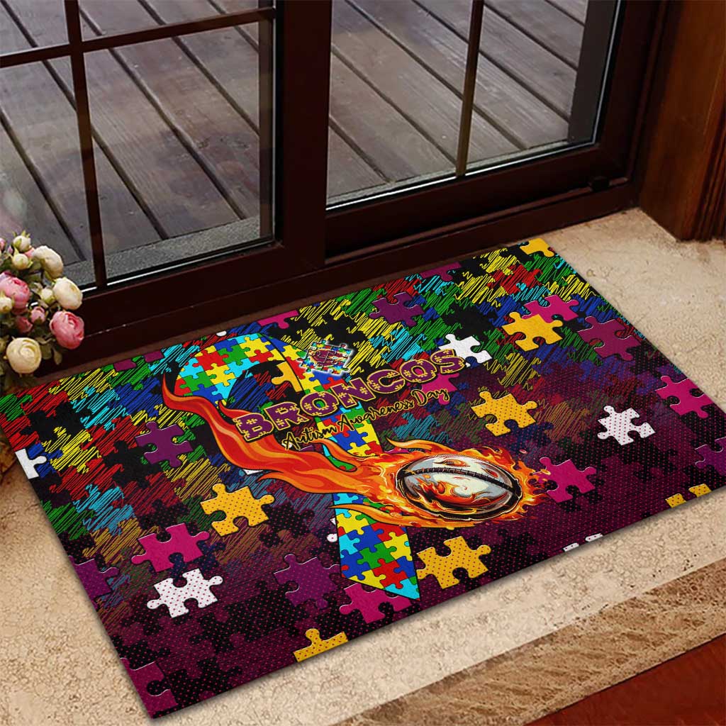 Broncos Autism Awareness Rubber Doormat Puzzle Flames Rugby Ball