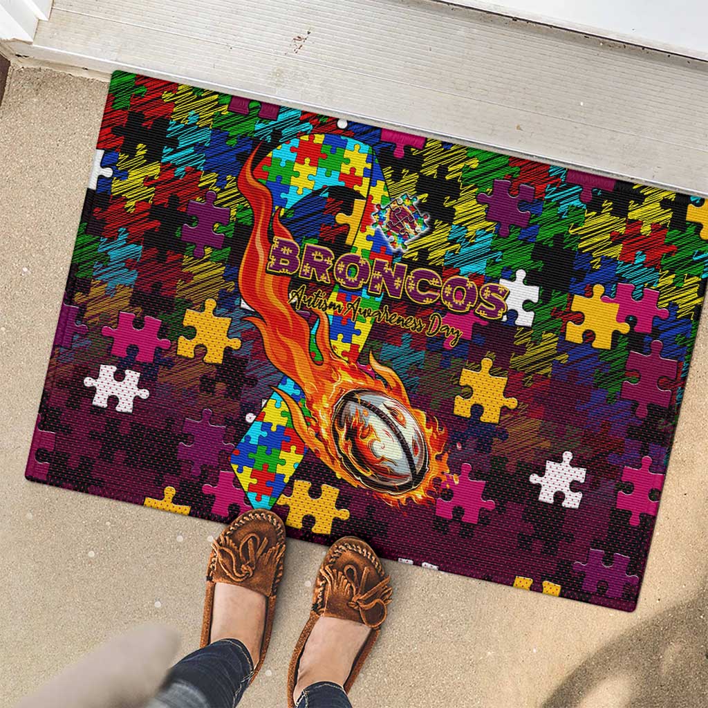 Broncos Autism Awareness Rubber Doormat Puzzle Flames Rugby Ball