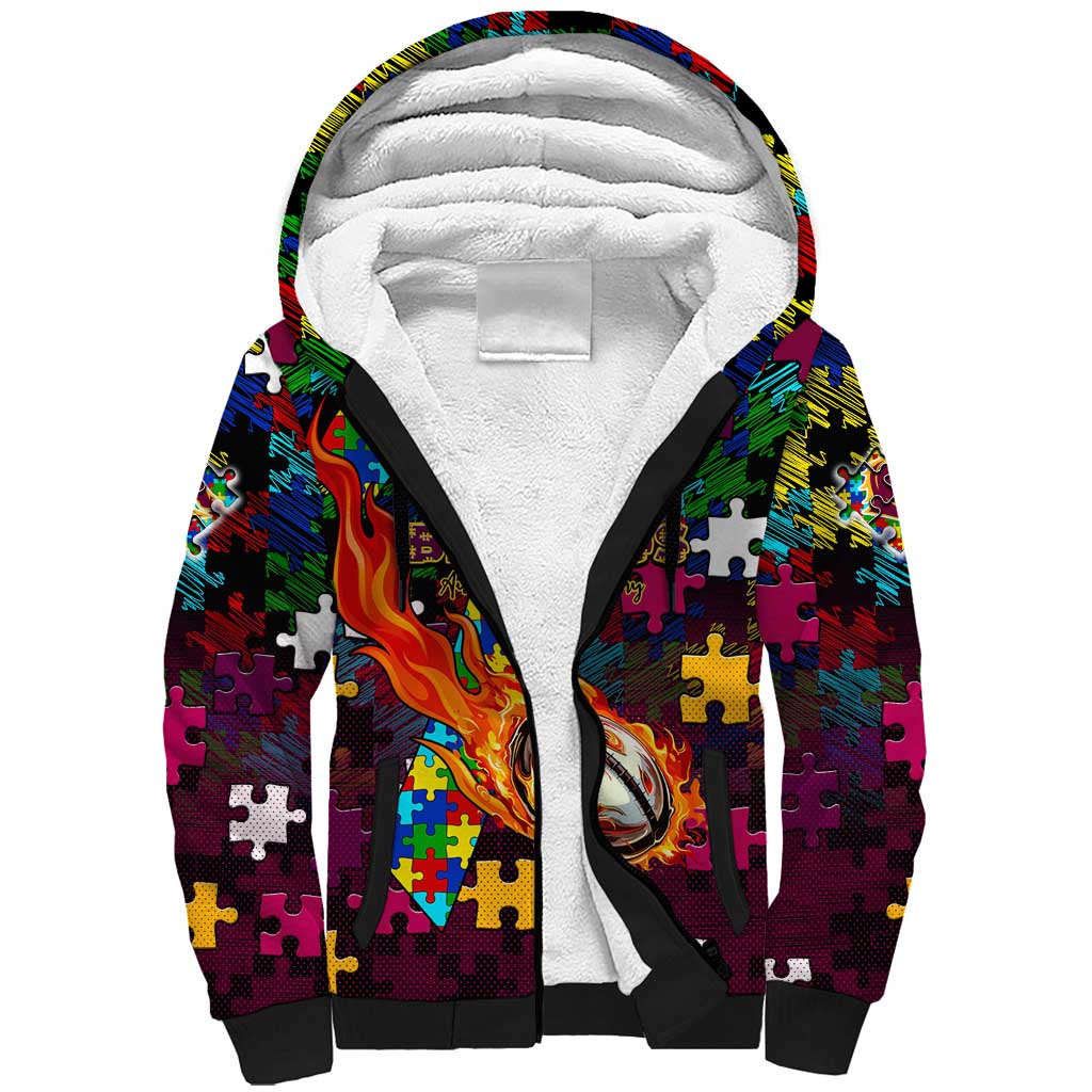 Broncos Autism Awareness Sherpa Hoodie Puzzle Flames Rugby Ball