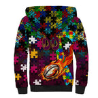 Broncos Autism Awareness Sherpa Hoodie Puzzle Flames Rugby Ball