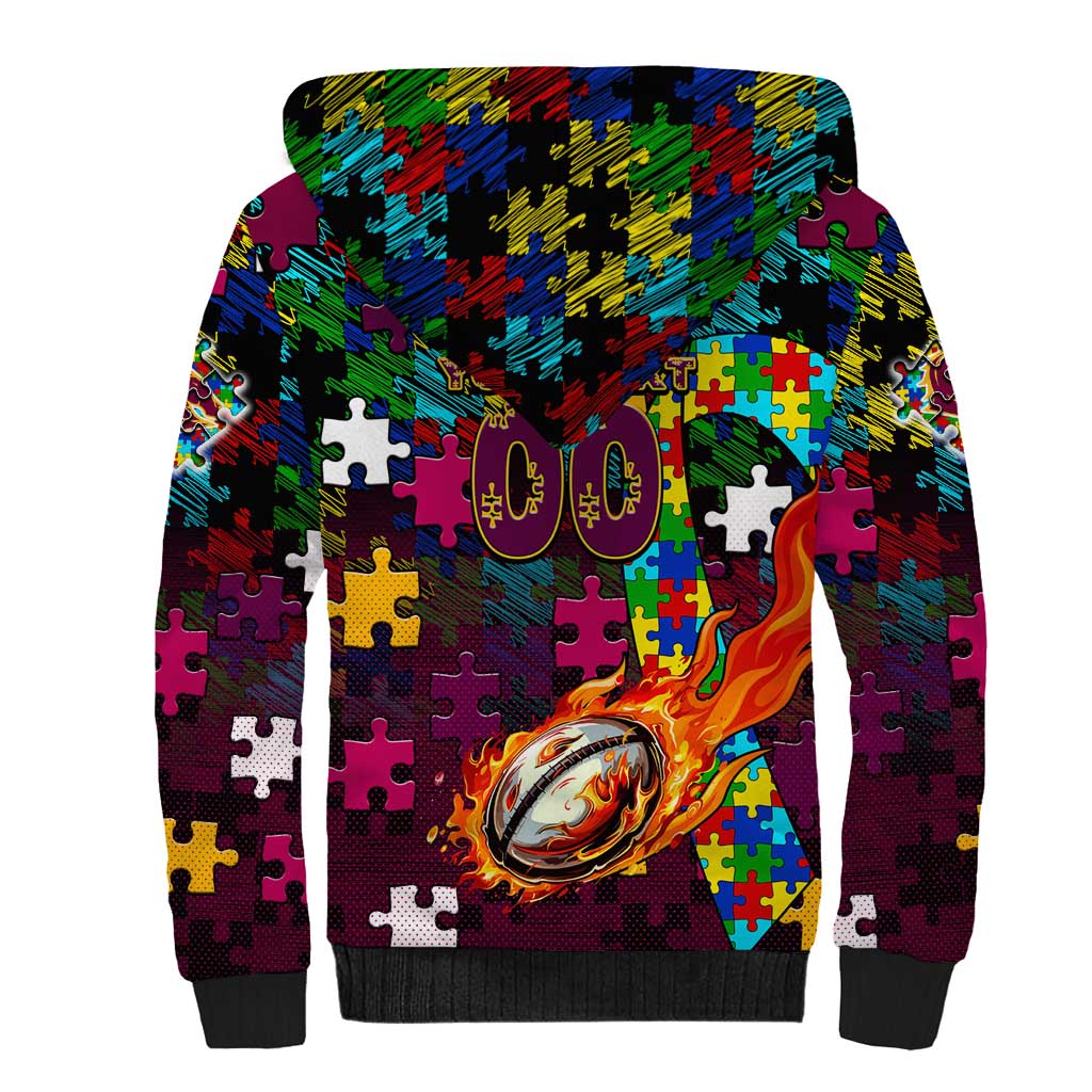 Broncos Autism Awareness Sherpa Hoodie Puzzle Flames Rugby Ball