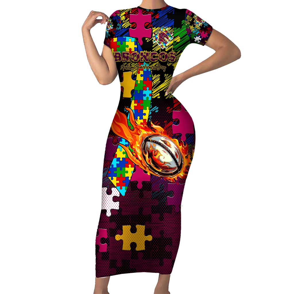 Broncos Autism Awareness Short Sleeve Bodycon Dress Puzzle Flames Rugby Ball