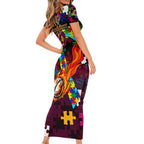 Broncos Autism Awareness Short Sleeve Bodycon Dress Puzzle Flames Rugby Ball