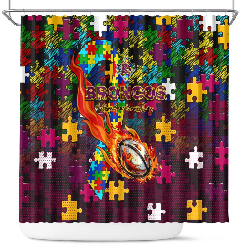 Broncos Autism Awareness Shower Curtain Puzzle Flames Rugby Ball