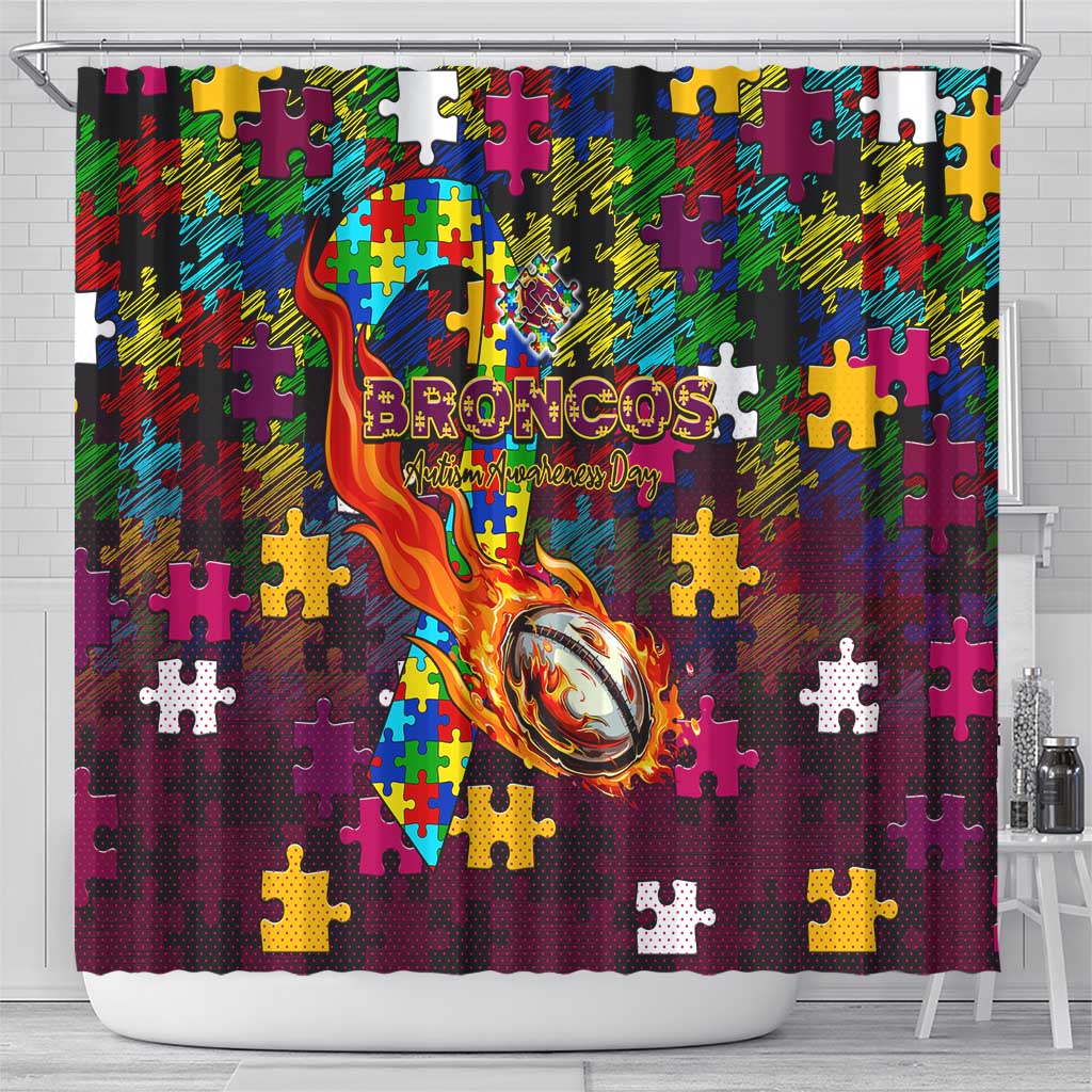 Broncos Autism Awareness Shower Curtain Puzzle Flames Rugby Ball