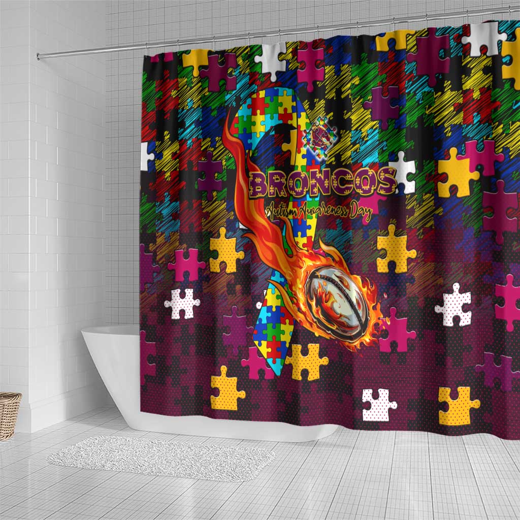 Broncos Autism Awareness Shower Curtain Puzzle Flames Rugby Ball
