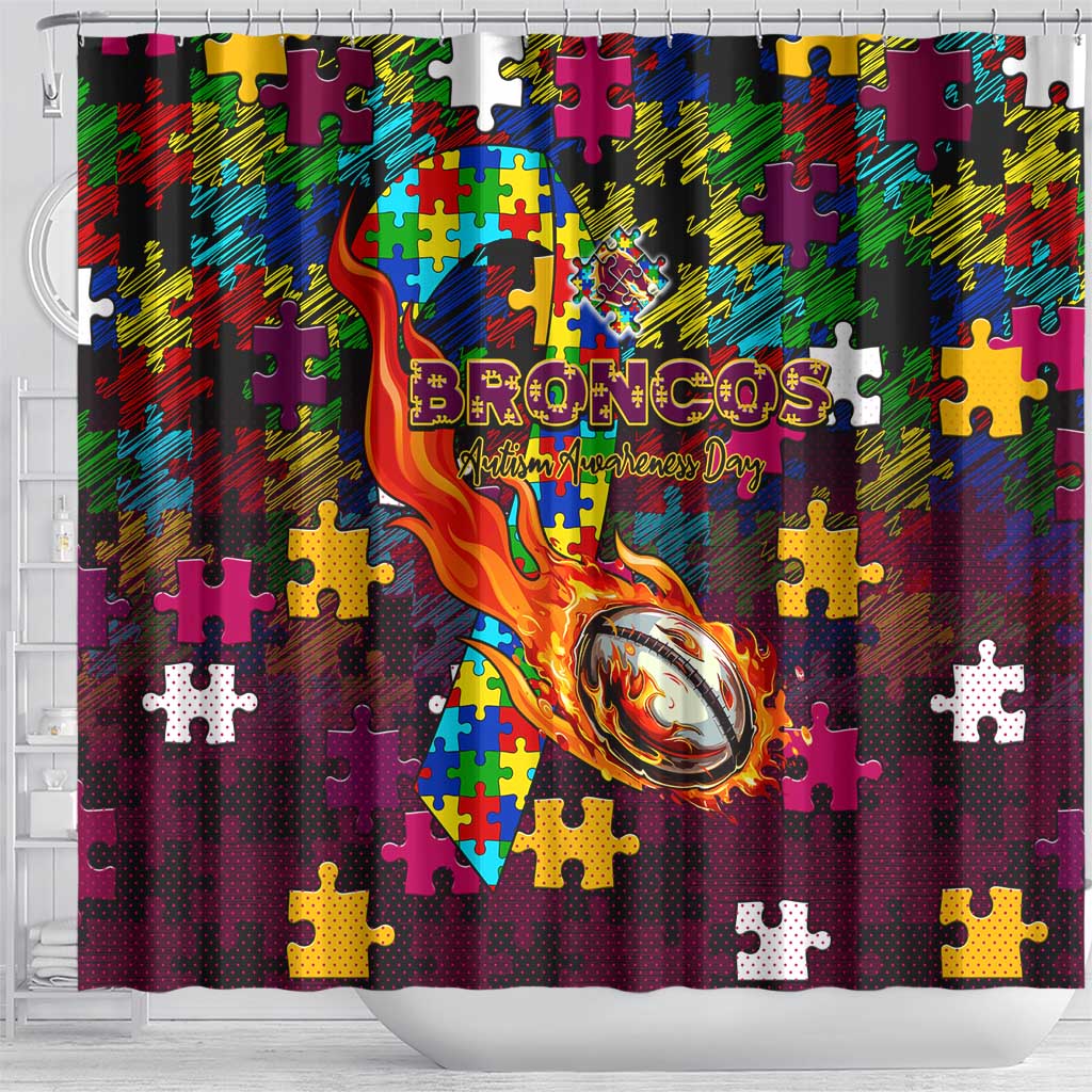 Broncos Autism Awareness Shower Curtain Puzzle Flames Rugby Ball