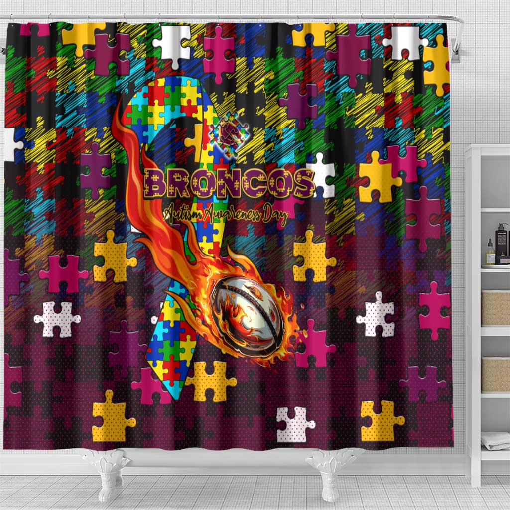 Broncos Autism Awareness Shower Curtain Puzzle Flames Rugby Ball