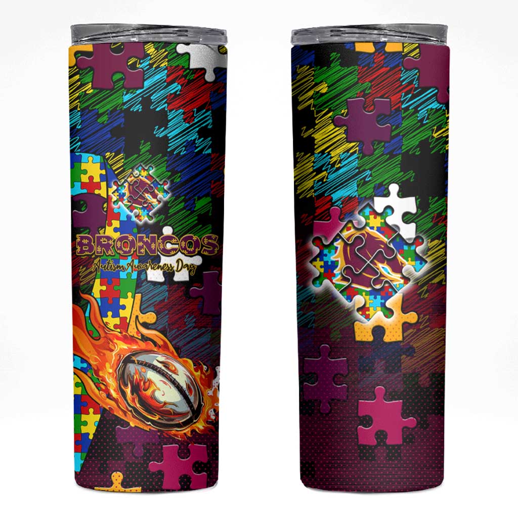 Broncos Autism Awareness Skinny Tumbler Puzzle Flames Rugby Ball