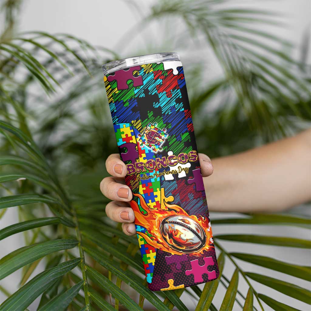 Broncos Autism Awareness Skinny Tumbler Puzzle Flames Rugby Ball