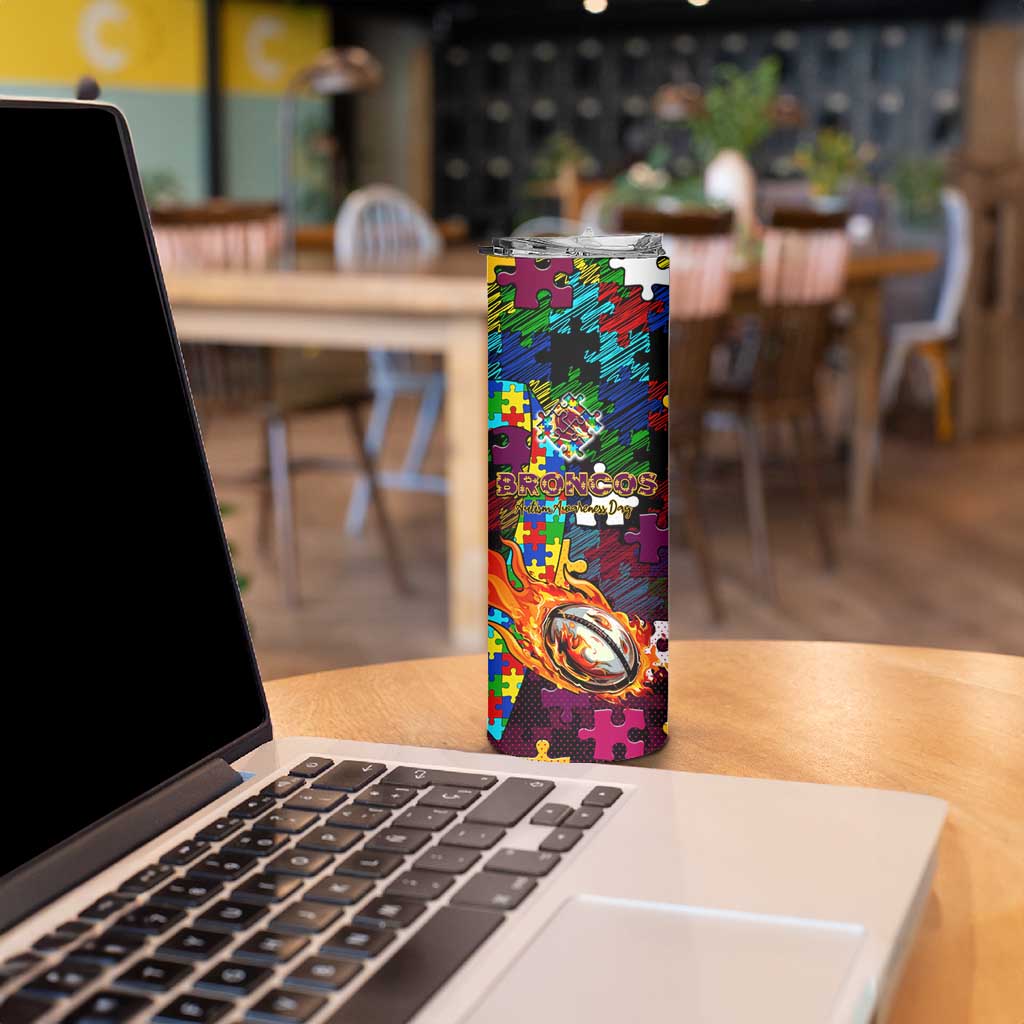 Broncos Autism Awareness Skinny Tumbler Puzzle Flames Rugby Ball