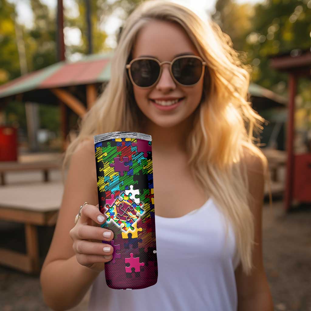 Broncos Autism Awareness Skinny Tumbler Puzzle Flames Rugby Ball