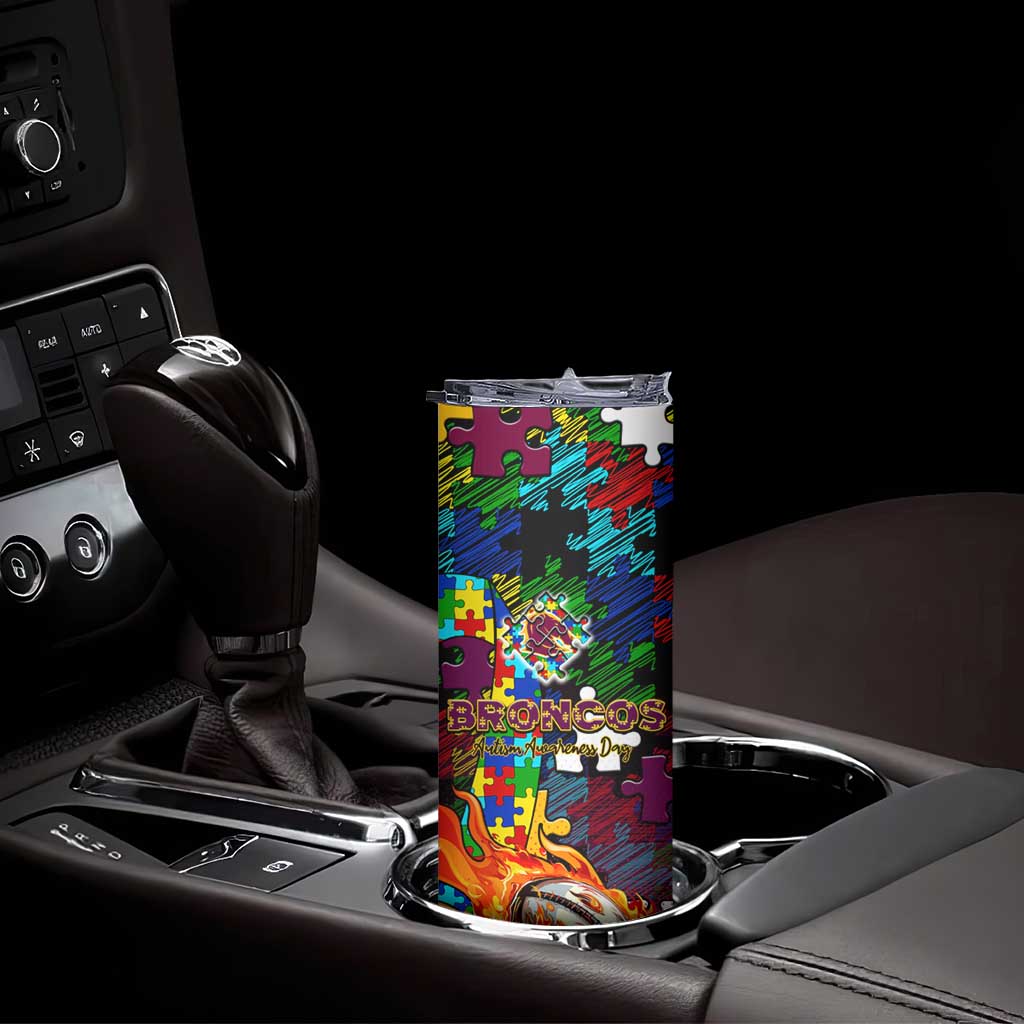 Broncos Autism Awareness Skinny Tumbler Puzzle Flames Rugby Ball