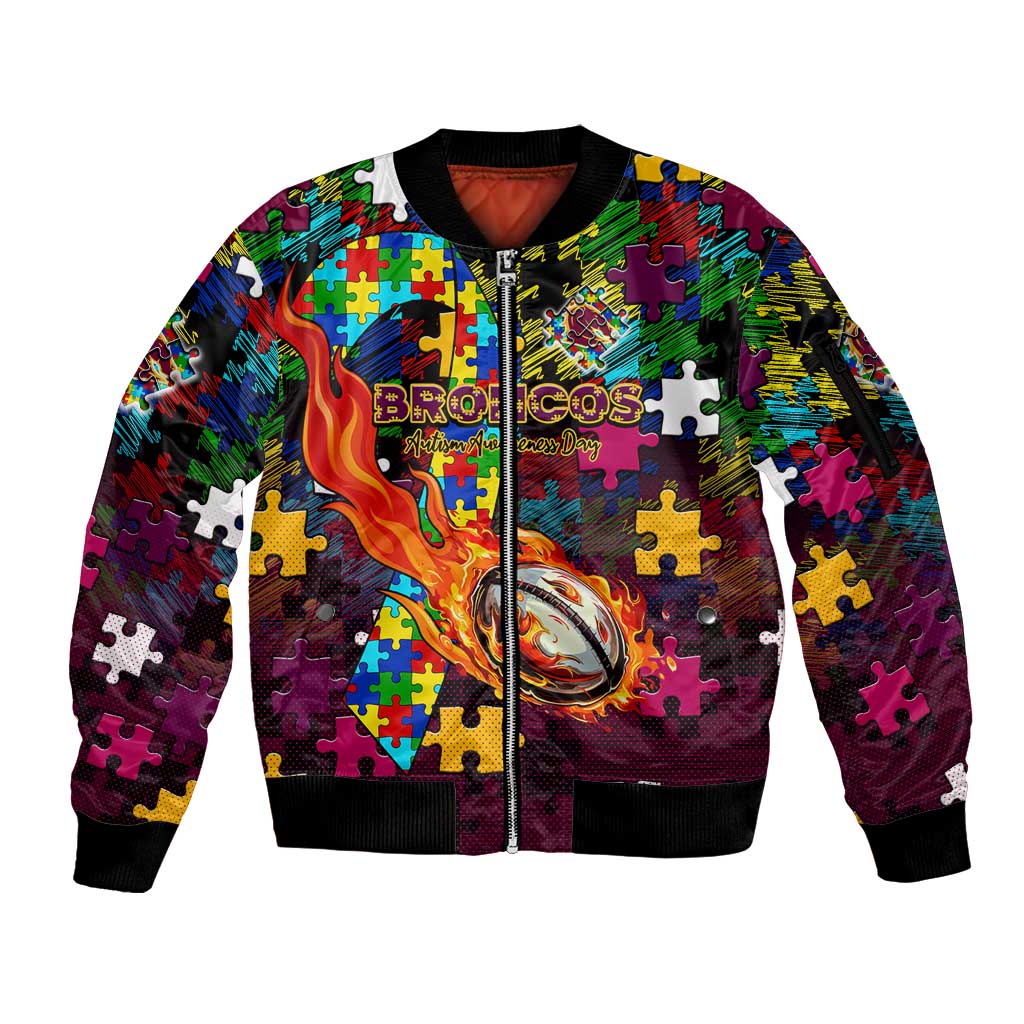 Broncos Autism Awareness Sleeve Zip Bomber Jacket Puzzle Flames Rugby Ball