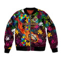 Broncos Autism Awareness Sleeve Zip Bomber Jacket Puzzle Flames Rugby Ball