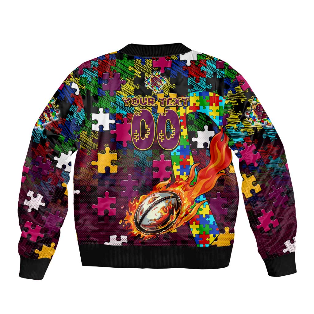 Broncos Autism Awareness Sleeve Zip Bomber Jacket Puzzle Flames Rugby Ball