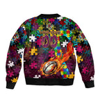 Broncos Autism Awareness Sleeve Zip Bomber Jacket Puzzle Flames Rugby Ball