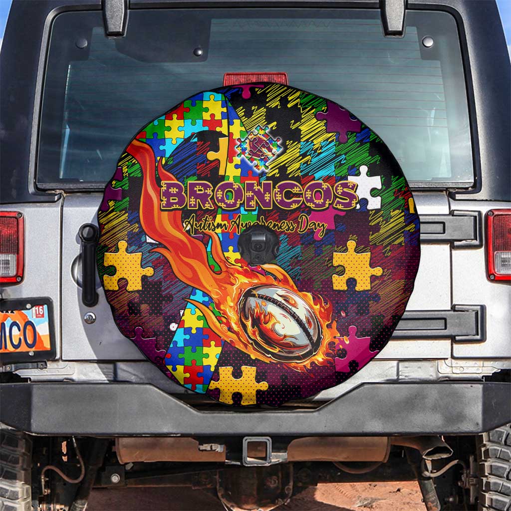 Broncos Autism Awareness Spare Tire Cover Puzzle Flames Rugby Ball