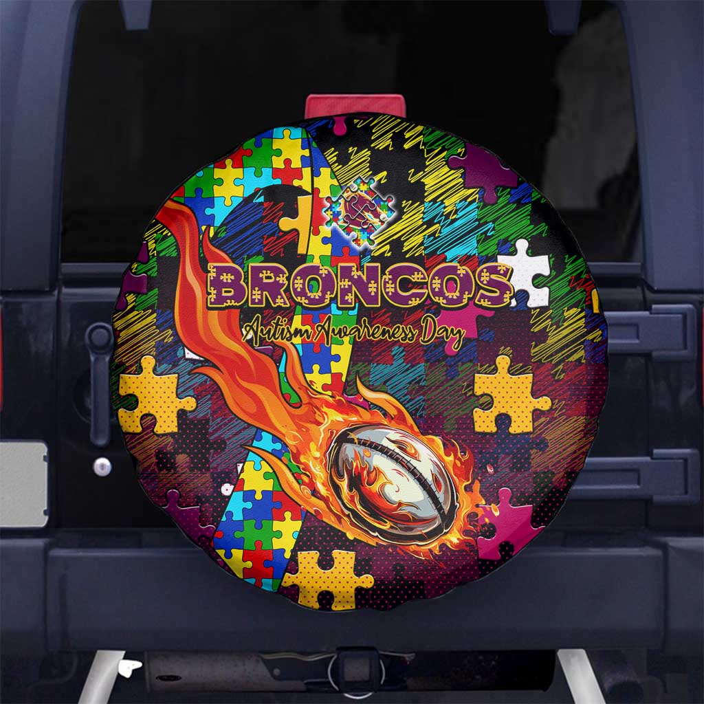 Broncos Autism Awareness Spare Tire Cover Puzzle Flames Rugby Ball