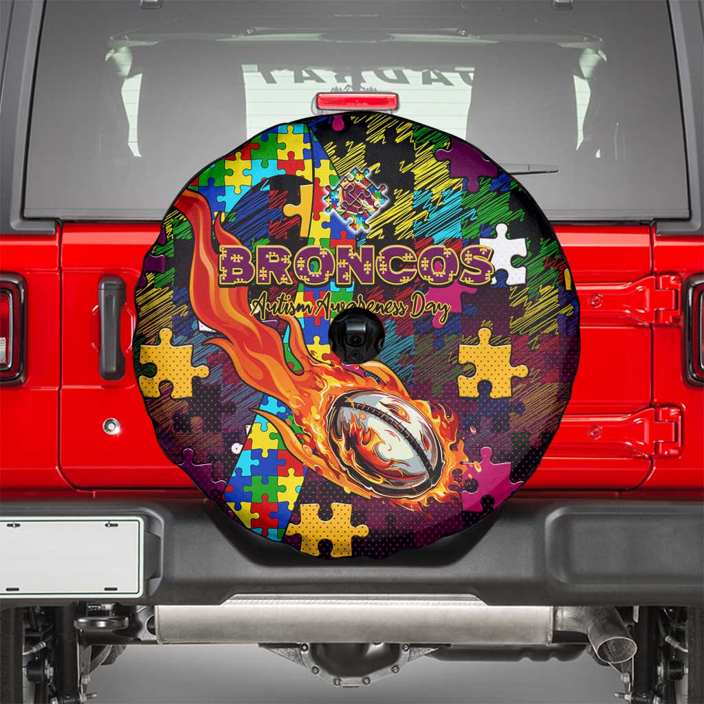 Broncos Autism Awareness Spare Tire Cover Puzzle Flames Rugby Ball