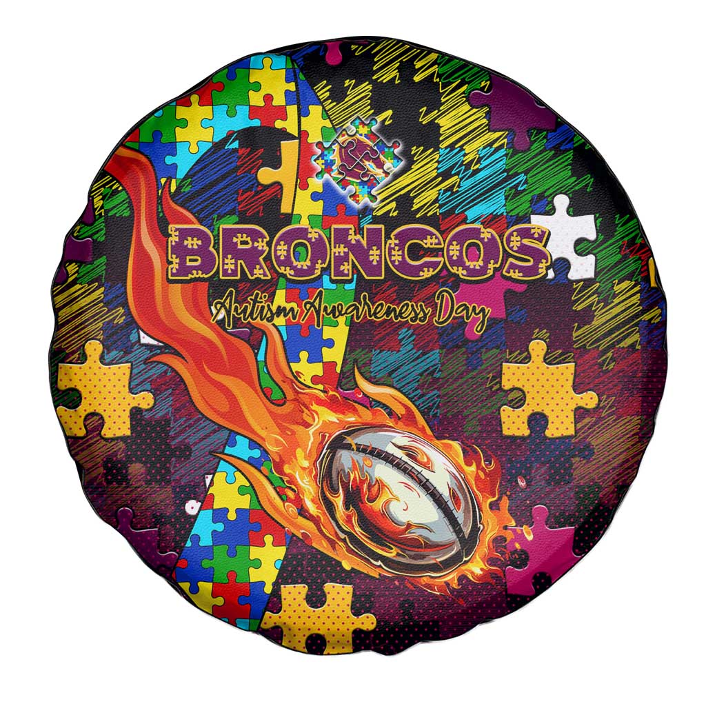 Broncos Autism Awareness Spare Tire Cover Puzzle Flames Rugby Ball