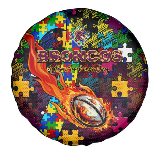 Broncos Autism Awareness Spare Tire Cover Puzzle Flames Rugby Ball
