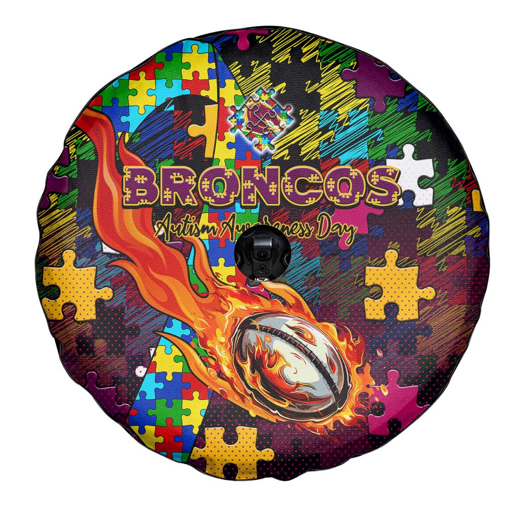 Broncos Autism Awareness Spare Tire Cover Puzzle Flames Rugby Ball