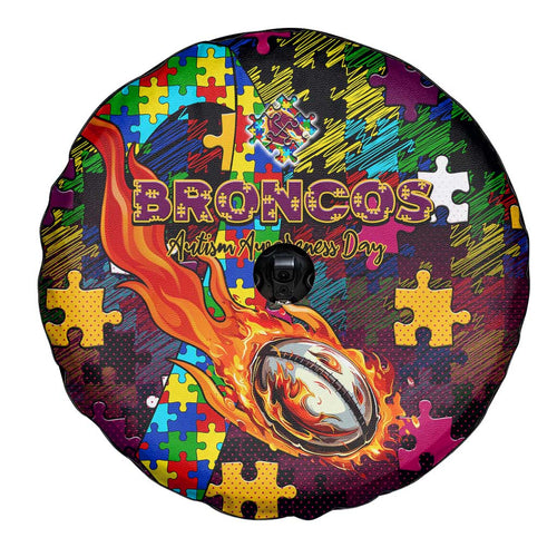 Broncos Autism Awareness Spare Tire Cover Puzzle Flames Rugby Ball