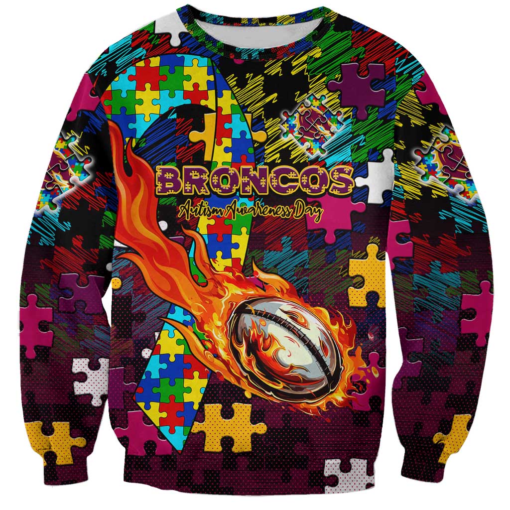 Broncos Autism Awareness Sweatshirt Puzzle Flames Rugby Ball