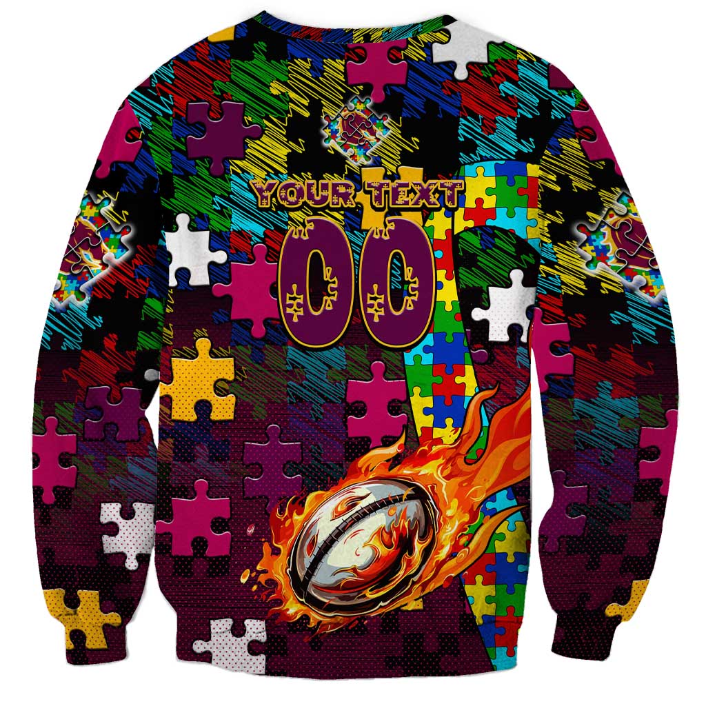 Broncos Autism Awareness Sweatshirt Puzzle Flames Rugby Ball
