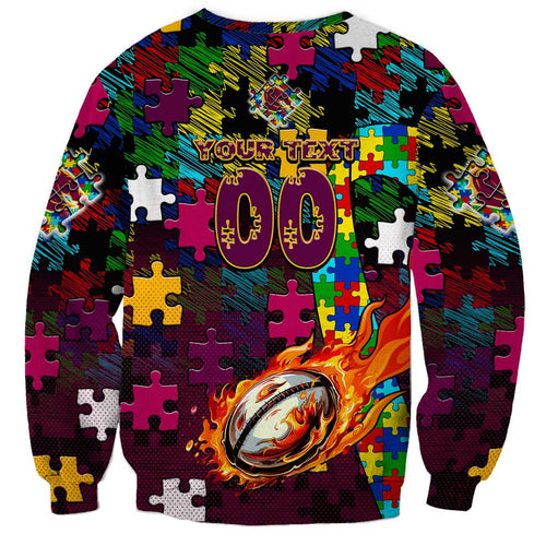 Broncos Autism Awareness Sweatshirt Puzzle Flames Rugby Ball