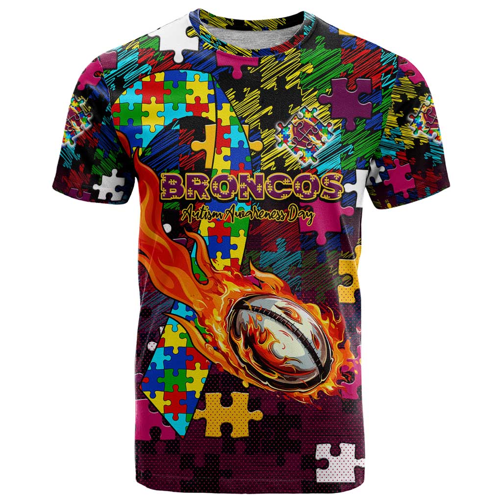 Broncos Autism Awareness T Shirt Puzzle Flames Rugby Ball