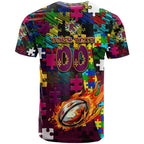 Broncos Autism Awareness T Shirt Puzzle Flames Rugby Ball