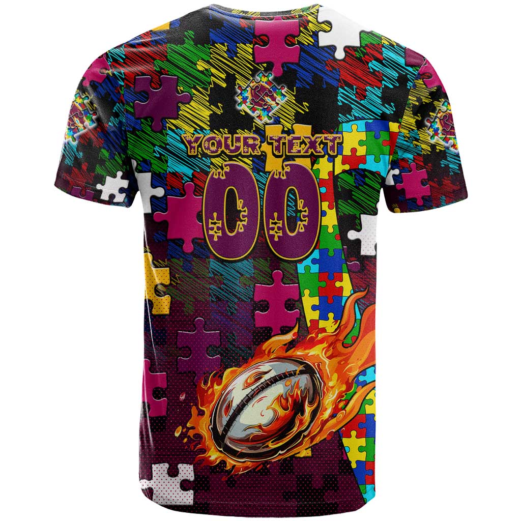 Broncos Autism Awareness T Shirt Puzzle Flames Rugby Ball