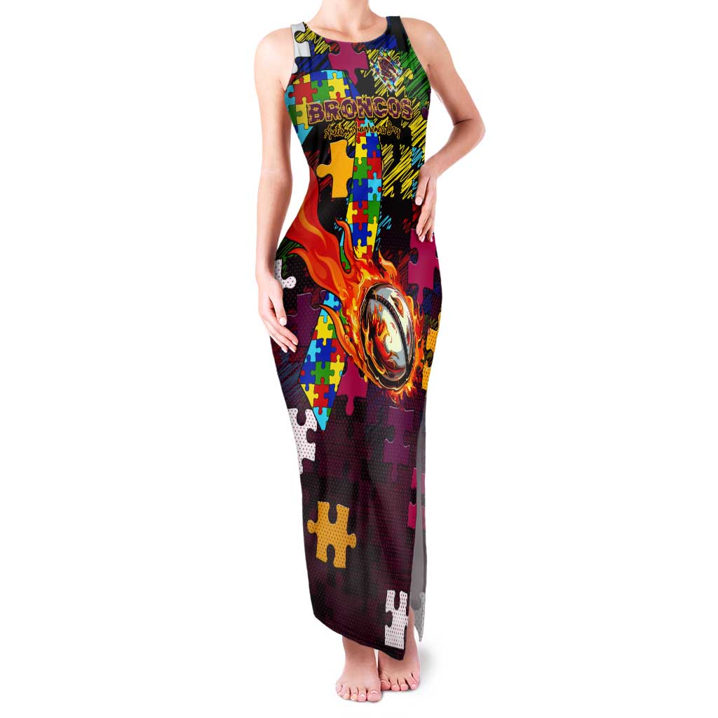Broncos Autism Awareness Tank Maxi Dress Puzzle Flames Rugby Ball