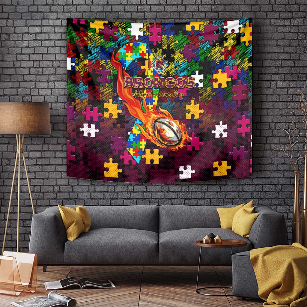 Broncos Autism Awareness Tapestry Puzzle Flames Rugby Ball